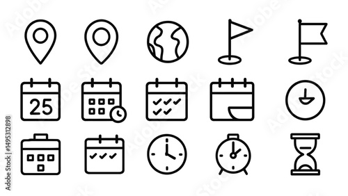 Time & Location Line Icons – A vector set including calendar, clock, stopwatch, GPS pin, flag marker, and hourglass. Ideal for navigation and time-tracking designs.