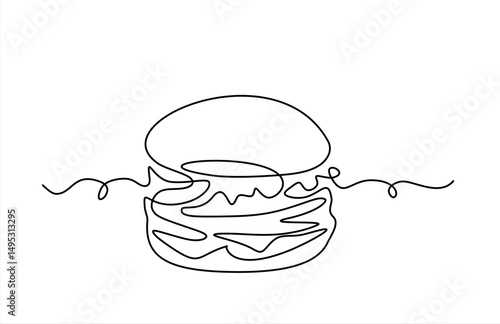 Continuous one line drawing of burger. Single line drawing of hamburger . Silhouette of fast food restaurant burger with cheese, cutlet and salad. Modern design street food logo, banner. Editable	