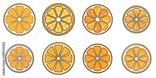 Vector illustration of multiple sliced oranges, outline