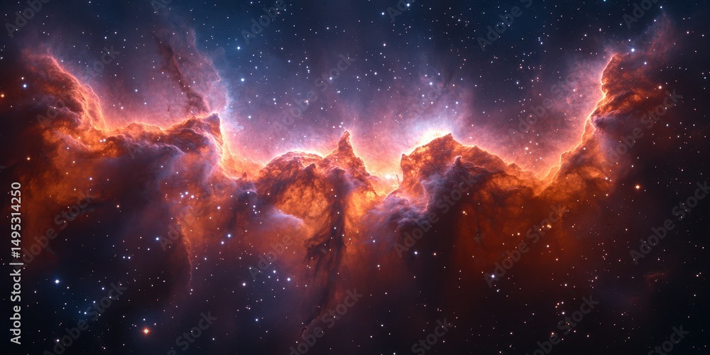 Naklejka premium Stunning view of a vibrant nebula illuminated by starlight in deep space during the cosmic twilight