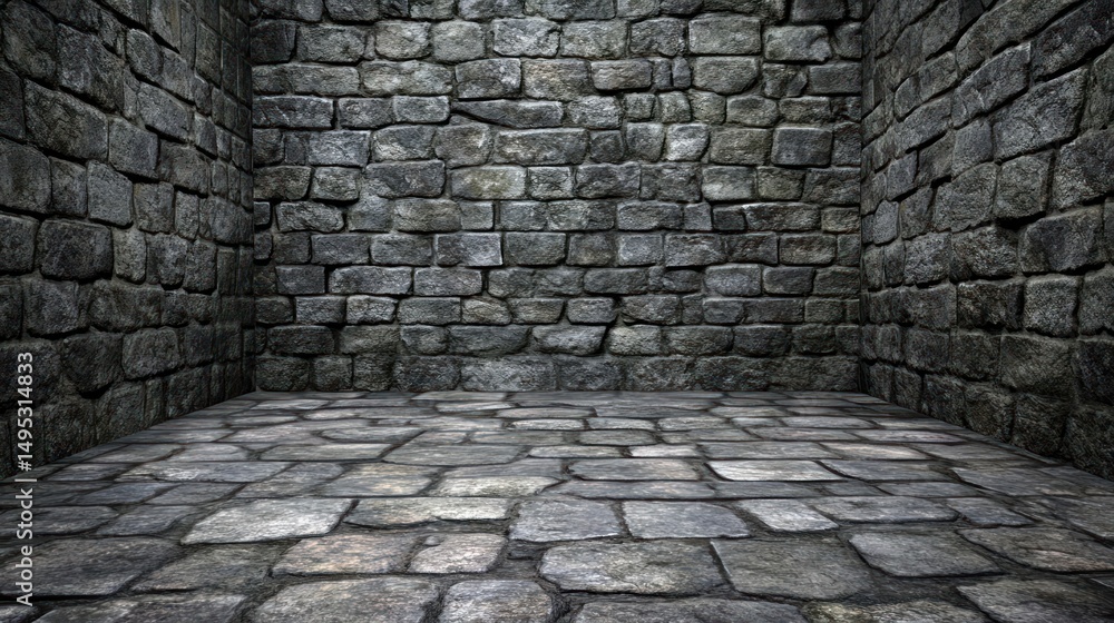 Stone room, dark grey walls, cobblestone floor, medieval setting, game background Stone room, dark grey walls, cobblestone floor, medieval setting, game background