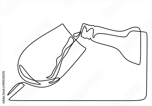 Pouring wine bottle glass one line continuous drawing. Editable stroke. Linear silhouette icon. Minimal design, print, banner, card, bar wall art poster, brochure, menu, logo, sketch..Editable stroke	