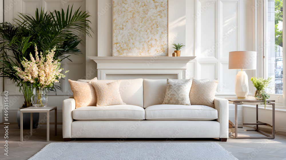 Fototapeta premium An elegant modern sofa in pale sand tones with pastel cushions, a light gray rug underneath, photographed front-on in bright indirect daylight 60228812 1