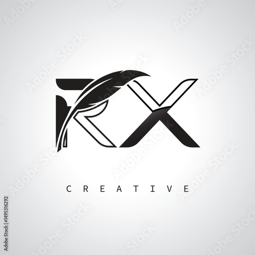RX Letter Logo with Feather Pen – Elegant Monogram for Creative Branding and Identity Design