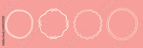 Set whimsical round frames with wavy lines, bows, curly ribbons. Hand-drawn trendy vintage style, perfect for wedding invitations, birthday cards, and holiday. Minimalist coquette border line art