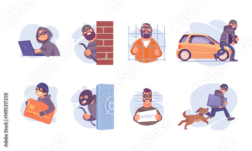 Vector Illustrations Representing Various Criminal Activities and Their Consequences