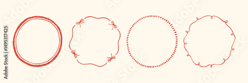 Set whimsical round frames with wavy lines, bows, curly ribbons. Hand-drawn trendy vintage style, perfect for wedding invitations, birthday cards, and holiday. Minimalist coquette border line art