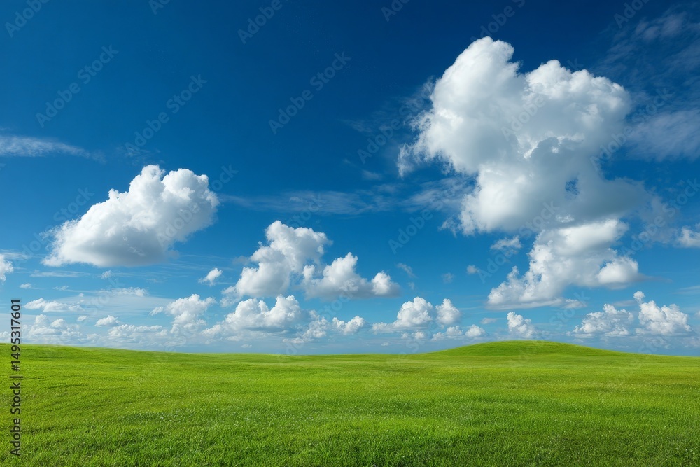 Lush green landscape under a bright blue sky filled with fluffy clouds on a sunny day Lush green landscape under a bright blue sky filled with fluffy clouds on a sunny day
