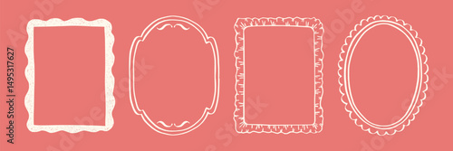 Set whimsical frames with wavy lines, bows, curly ribbons. Hand-drawn trendy vintage style, perfect for wedding invitations, birthday cards, and holiday decor. Minimalist coquette border line art