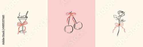 Set of whimsical hand-drawn love aesthetic illustrations in a trendy vintage style. Perfect for quirky weddings, holiday menus, dinner and bar menus, bachelorette parties, birthday invitations.
