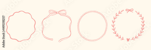 Set whimsical round frames with wavy lines, bows, curly ribbons. Hand-drawn trendy vintage style, perfect for wedding invitations, birthday cards, and holiday. Minimalist coquette border line art