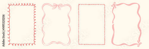 Set whimsical frames with wavy lines, bows, curly ribbons. Hand-drawn trendy vintage style, perfect for wedding invitations, birthday cards, and holiday decor. Minimalist coquette border line art