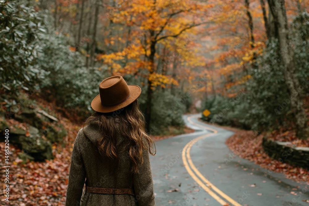 Woman walking on a winding road surrounded by autumn trees in a mountainous area Woman walking on a winding road surrounded by autumn trees in a mountainous area