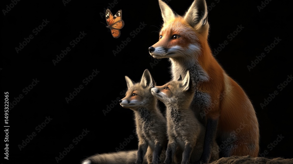 Fototapeta premium Fox family watching butterfly, dark background, wildlife scene, nature poster