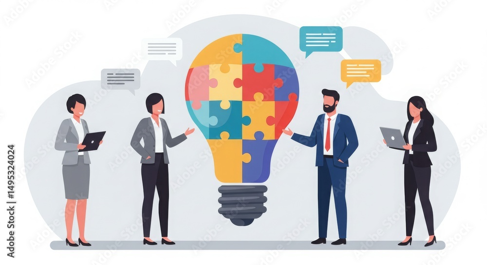 A diverse group discussing ideas symbolized by a light bulb made of puzzle pieces. A diverse group discussing ideas symbolized by a light bulb made of puzzle pieces.