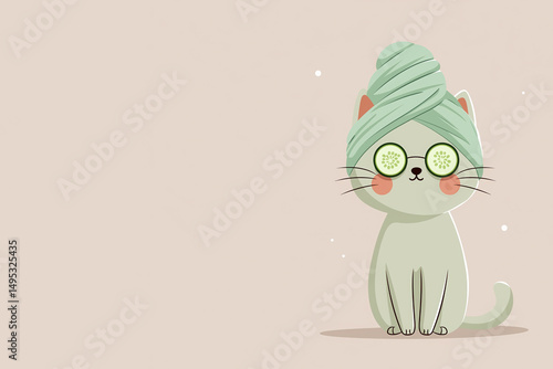 Cute cat with glasses and a towel on its head enjoying a spa day with cucumber slices on its eyes