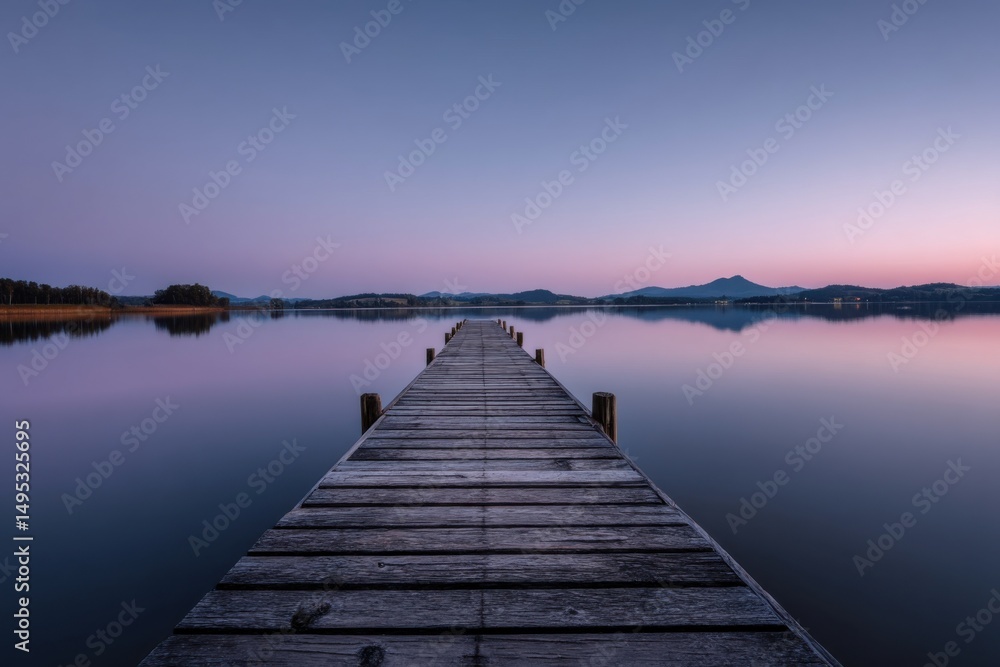 Obraz premium Wooden Pier Stretching Over Still Lake at Dusk, Evoking Serenity and Peaceful Escape for Travel and Wellness Concepts : Generative AI