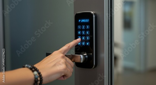 A hand using a digital keypad on a door lock for secure access.