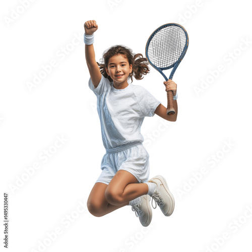 Joyful young tennis player jumping with racket transparent background sport action shot clear environment energetic viewpoint