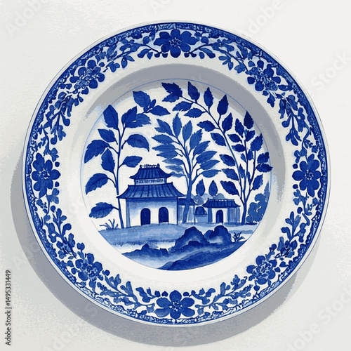 Brushstrokes & Bridges: A Willow Tale plate blue isolated watercolor vector illustration svg