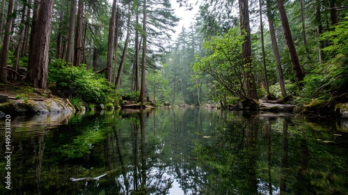 Tranquil Forest Pond with Lush Greenery and Soft Misty Atmosphere