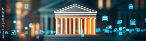 A glowing classical building surrounded by digital icons, blending traditional architecture with modern technology.