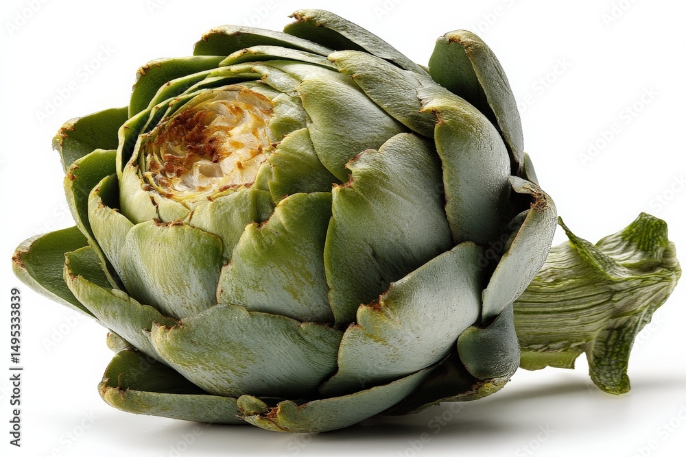 Obraz premium Artichoke freshly harvested from the garden showcasing vibrant green leaves and intricate details in natural light