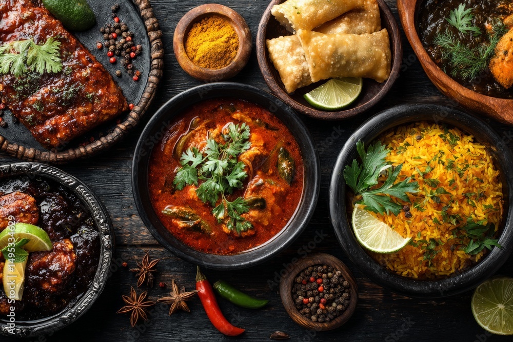 Vibrant and flavorful Indian cuisine displayed on a dark wooden table with various dishes and ingredients Vibrant and flavorful Indian cuisine displayed on a dark wooden table with various dishes and ingredients