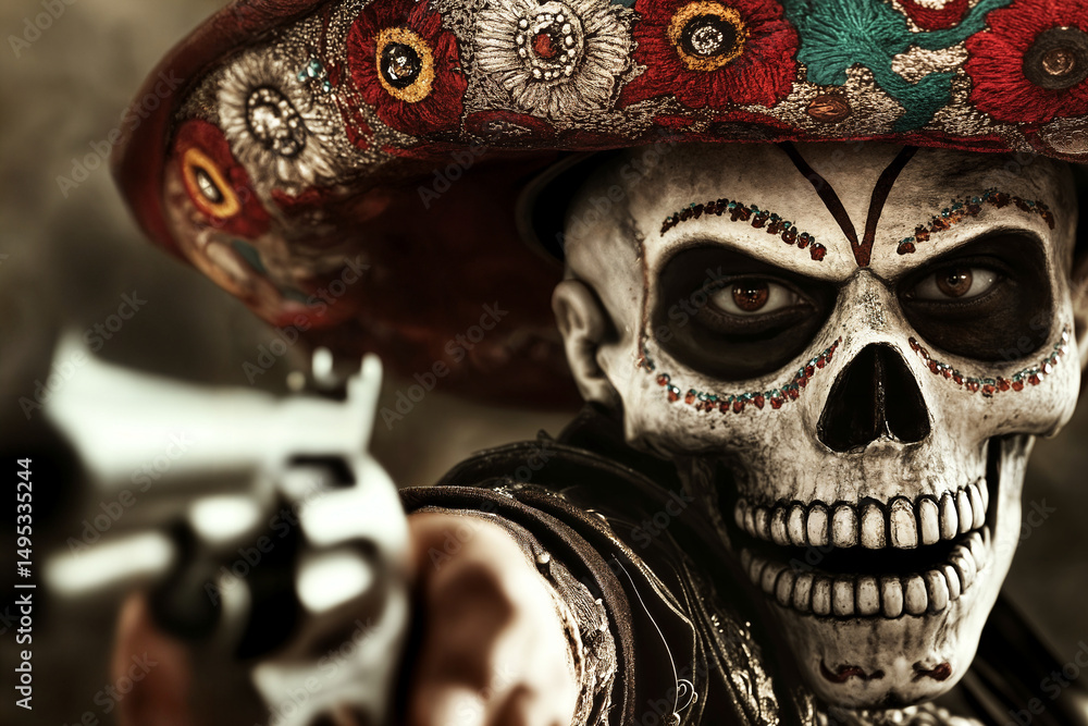 Fototapeta premium A man wearing a skull mask with a traditional Mexican sombrero, Day of the Dead style, against a dark and dramatic background. In the foreground is a realistic hand pointing a gun
