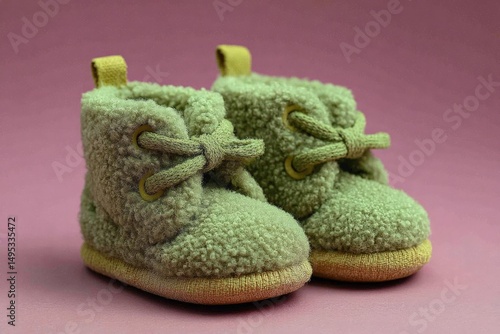 Soft green baby booties on a pink background showcasing cozy infant footwear designed for warmth and comfort