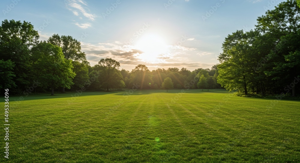 Golden Hour Meadow Lush Green Field Bathed in Sunlight with Forest Edge. Golden Hour Meadow Lush Green Field Bathed in Sunlight with Forest Edge.