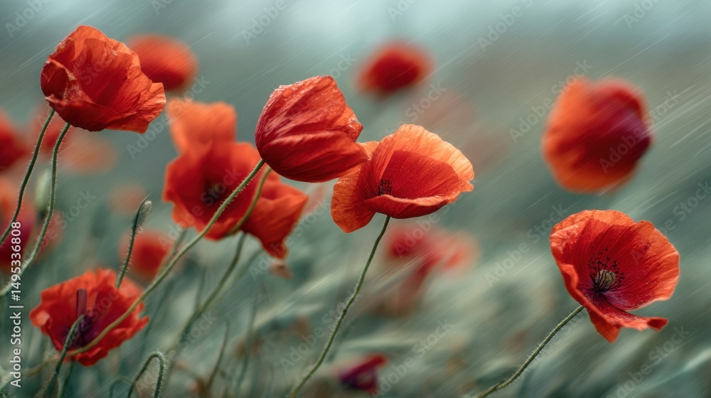 Naklejka premium Red Poppies in a Field During a Rain Shower, Representing Remembrance and Memorial Day, Ideal for Floral Design and Springtime Greetings : Generative AI