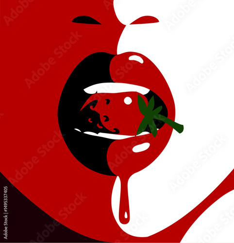 Female sexy red lips with a juicy strawberry. Vector illustration in flat contrast cartoon style