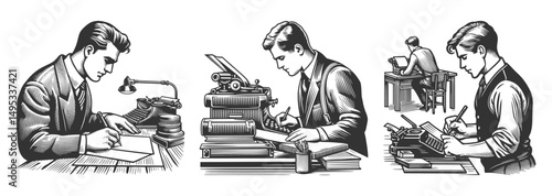 men writing at desks with typewriters, books, and paper in a retro, professional setting Set collection bundle sketch engraving generative ai vector illustration. Scratch board. Black and white image.