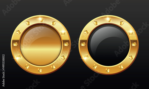 Round golden background with gemstones in frame. Vector clip art isolated on dark background.