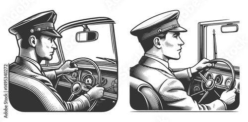 professional chauffeur driving an old-fashioned car Set collection bundle sketch engraving generative ai vector illustration. Scratch board imitation. Black and white image.