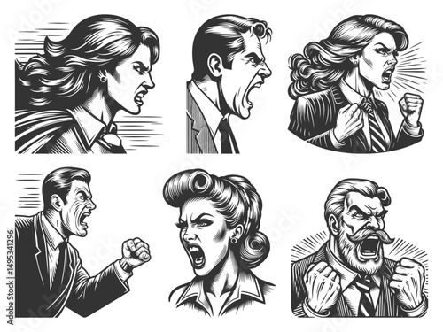 angry boss businessman and businesswoman yelling Set collection bundle sketch engraving generative ai vector illustration. Scratch board imitation. Black and white image.