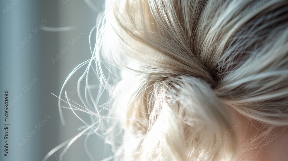 Naklejka premium Close up of soft blonde hair styled in a loose bun with natural light illuminating delicate strands