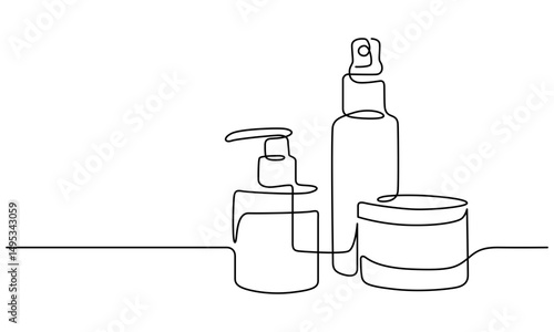 Beauty & skincare products. Bath essentials line drawing. Hand-drawn bottles and jars line art. Hand drawn vector illustration with editable stroke. Isolated on transparent background.
