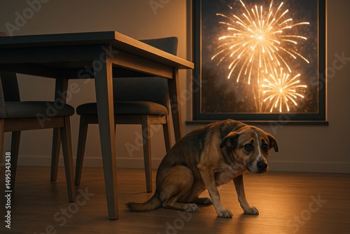 Frightened dog crouching under a table, seeking refuge from the loud noises and bright lights of fireworks exploding outside the window