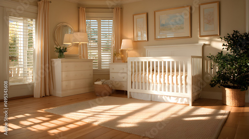 A neutral-toned nursery with soft ivory walls, a white crib with pastel bedding, and filtered sunlight casting long calm shadows across the wooden floor 32755437 1