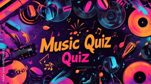 Vibrant Music Quiz Design with Retro Records and Musical Instruments for Entertainment Promotion