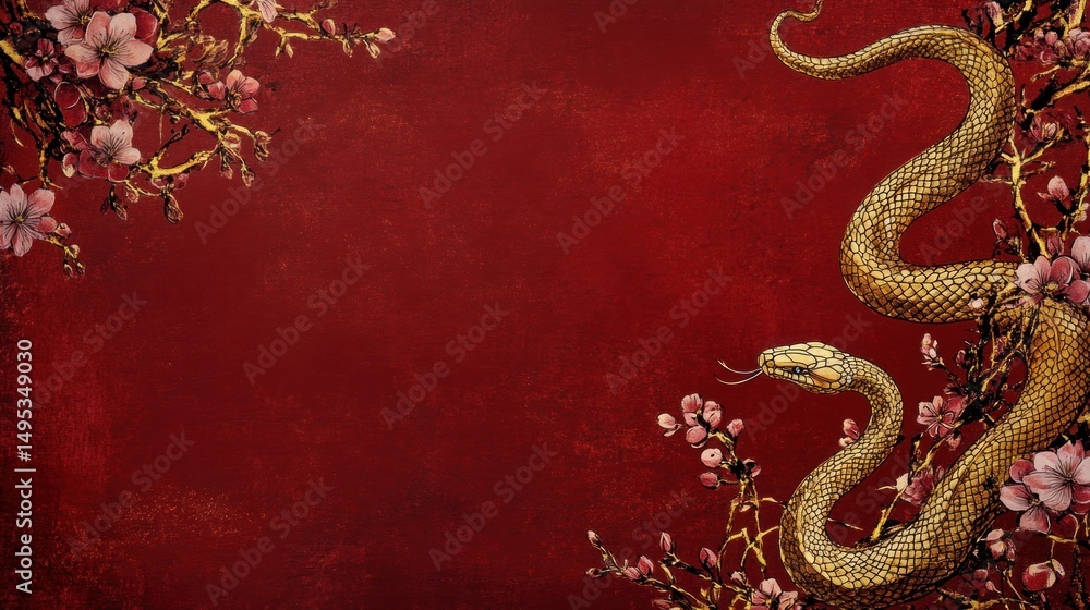 Golden snake and cherry blossoms on red background; Asian art design Golden snake and cherry blossoms on red background; Asian art design