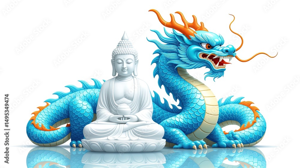 Fototapeta premium Serene Buddha and Majestic Dragon in Vibrant Art Style