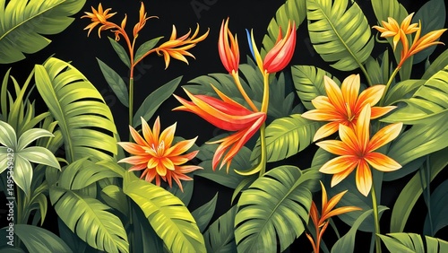 Vibrant Tropical Floral Pattern with Lush Greenery and Bright Colors