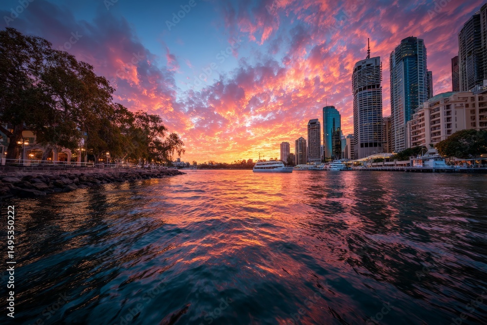 Fototapeta premium Vibrant sunset over a river with city skyline and colorful clouds reflecting on the water