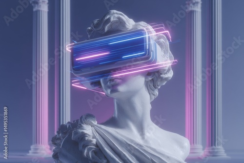 A mannequin of an antic figure is seen donning a VR headset, enveloped by an array of neon lights within a darkened room