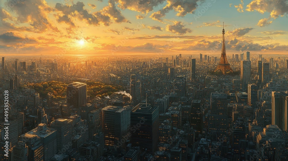 Fototapeta premium Panoramic city skyline at sunrise with a blend of architectural styles.