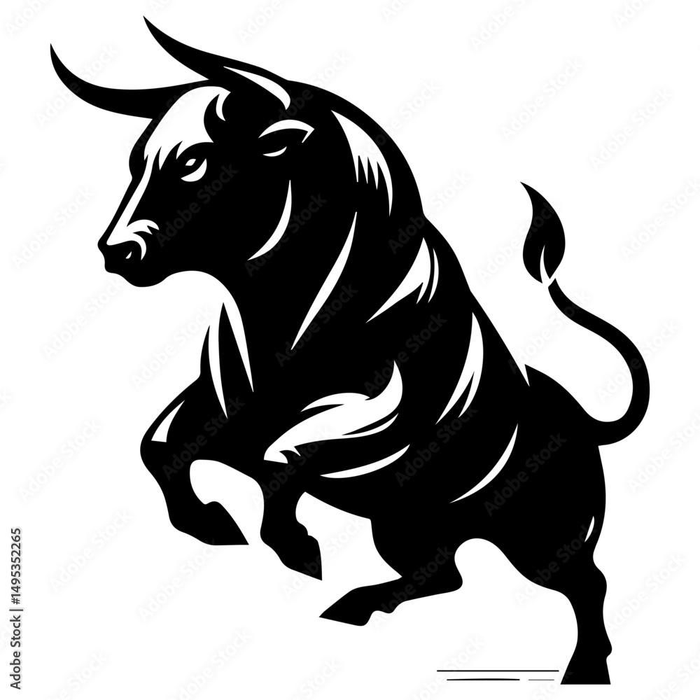 Obraz premium A black and white silhouette of a bull rearing on a white isolated background. Vector graphics. EPS.