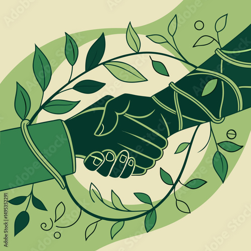 Handshake made of leaves and vines showing eco-friendly partnership